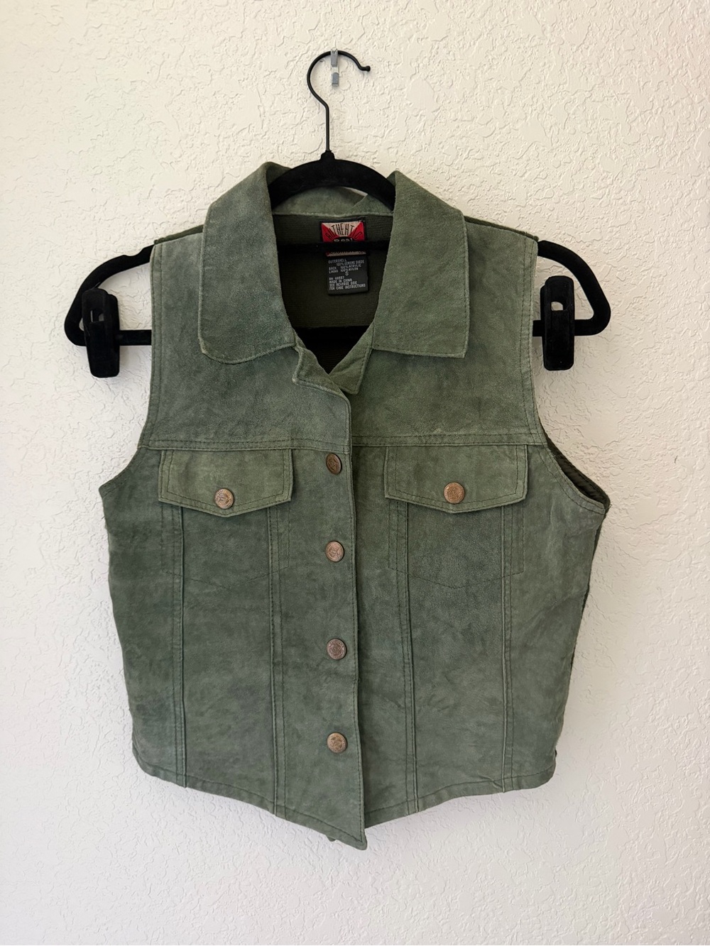 Vintage Green Suede Leather Knit Back Button Up Vest - Small